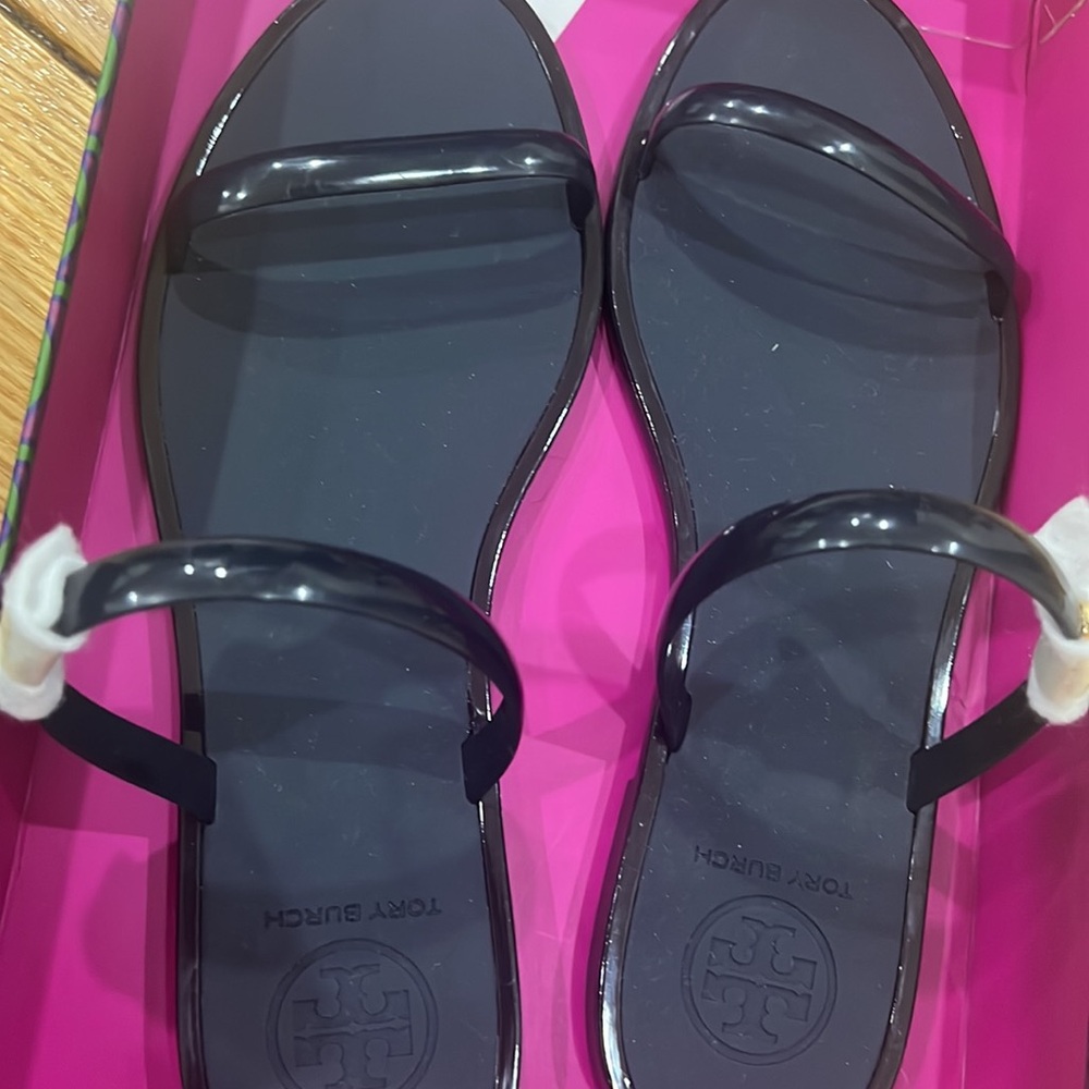 Tory Burch two-band jelly slide-shiny sandal, navy color, size 6, new with tag - Picture 4 of 7